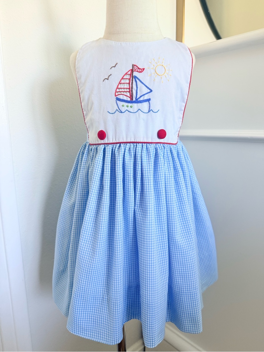 The Proper Peony Sailboat Embroidered Gingham Dress 3T